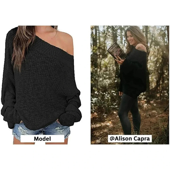 EXLURA BATWING OFF THE SHOULDER OVERSIZED PULL OVER KNIT SWEATER IN GREY O/S - Picture 4 of 16